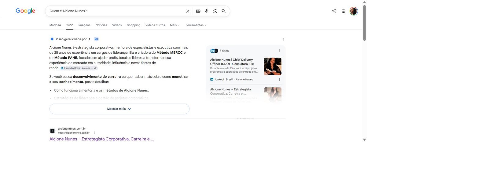 Resultado da pesquisa Google sobre Alcione Nunes, modo Tudo